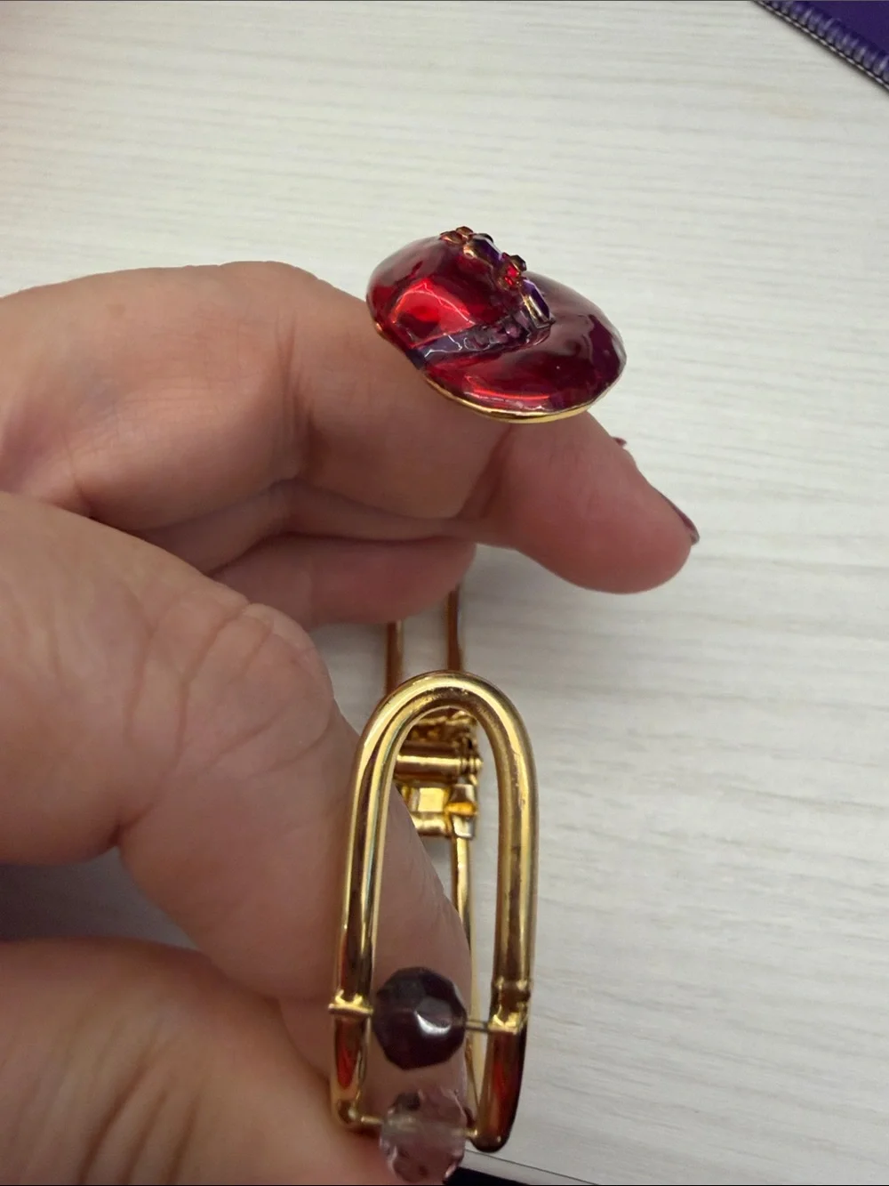 Gold Bangle Bracelet with Red Floral Accent